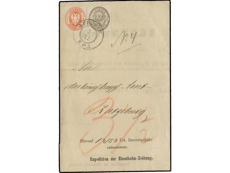 1 Sch. lebhaftorange in Mischfrankatur mit Steindruck 1¼ Sch. dunkelbraun mit übergehend aufgesetztem DKr. "LÜBECK S.P.A. 3/1