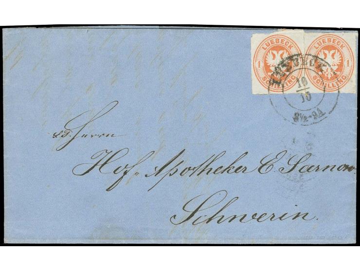 1863/67, 1 Sch. orange mit weitem Durchstich 10, 2 Einzelwerte als Paar geklebt, farbfrisch und bis auf kleinem Durchstichman