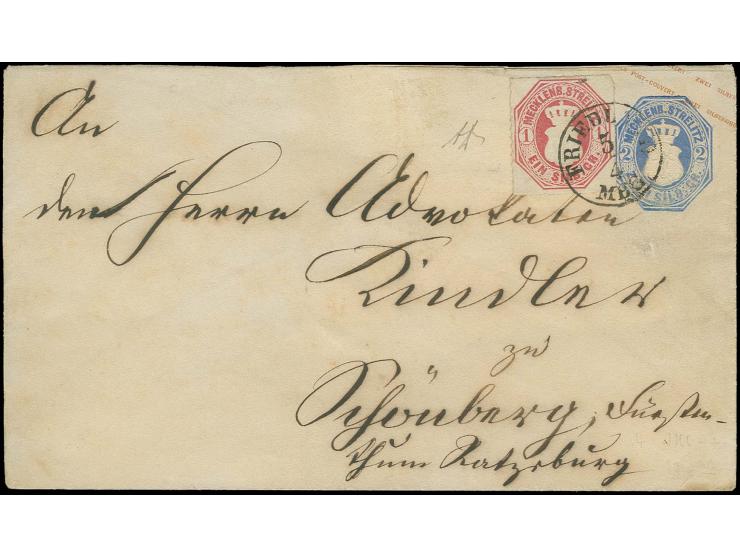 1864, 1 Sgr. dunkelrosa mit klar übergehendem kleinem EKr. "FRIEDLAND 5/4" auf Ganzsachenumschlag 2 Sgr. blau nach Schönberg 