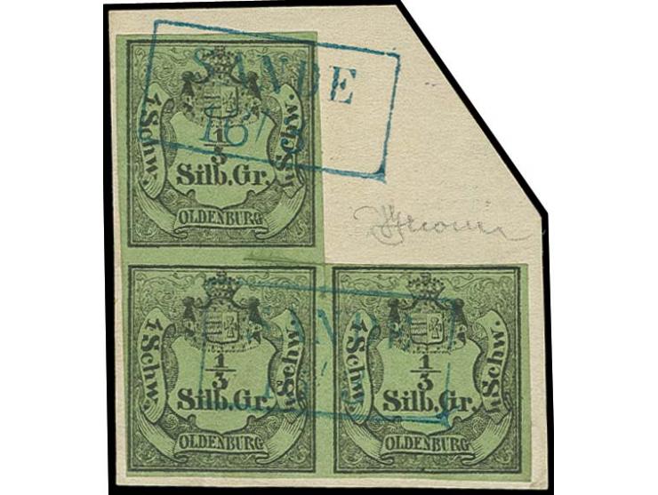 1852, 1/3 Sgr. auf grün im 3er-Block, wunderschön farbfrisch und allseits voll- bis breitrandig mit zwei kleinen Vortrennschn
