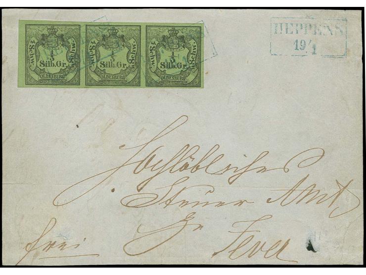 1852, 1/3 Sgr. auf grünlicholiv, allseits breitrandiger Dreierstreifen mit kleinem Bogenrand links mit Ra2 "HEPPENS 19/1" auf