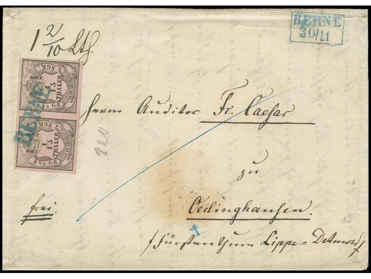 1/15 Th. auf mattbräunlichrot, farbfrisches und allseits gut geschnittes, waagerechtes Paar mit blauem L1 "BERNE" und nebenge