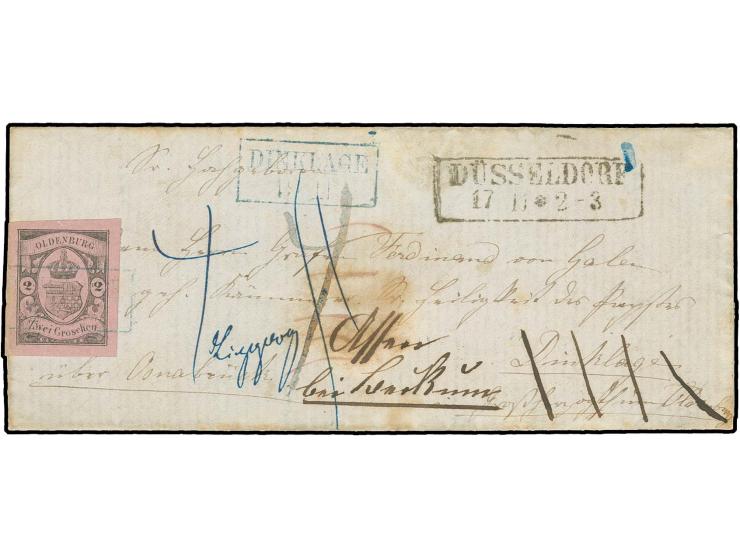 2 Gr. auf rosa, farbfrisch und allseits sehr breitrandig mit Ra2 "DINKLAGE 19 11" auf zunächst unfrankiertem und richtig mit 