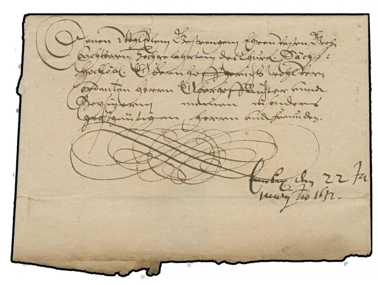 1632, Schnörkelbrief aus der Zeit des 30jährigen Kriegs von Mölbis nach Leipzig, oben mit Räucherschlitzen, komplett mit Inha