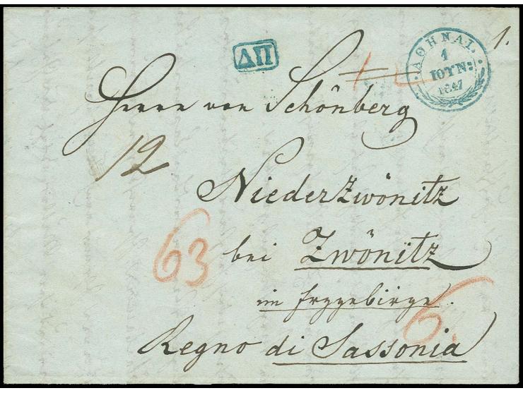 1847, einfacher Teilfranko-Brief mit blauem DKr. "ATHEN 1 JUNI 1847" nach Zwönitz; das griechische und türkische Landporto be