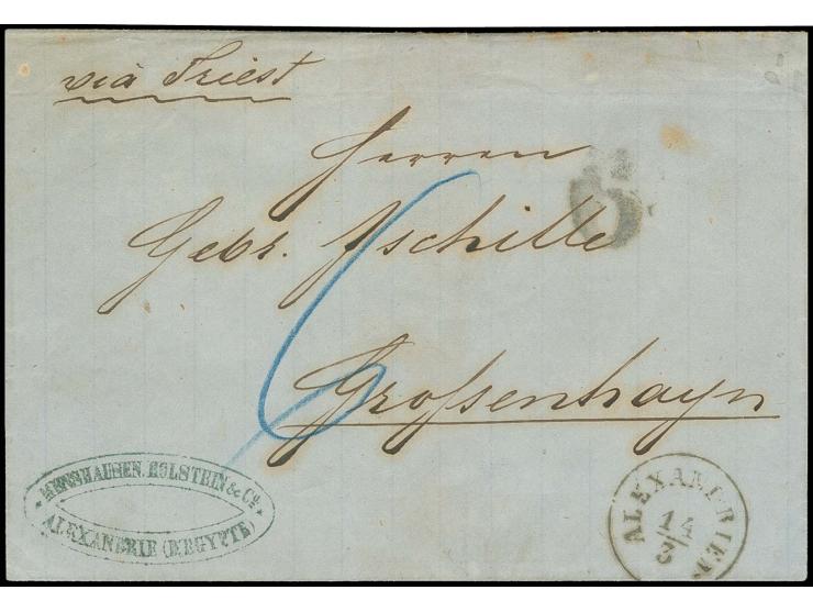 1864, Porto-Briefhülle mit schwarzem "ALEXANDRIEN 14/3" über Triest nach Großenhagen mit vorderseitigem schwarzem Taxstempel 