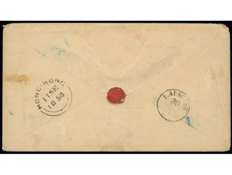 1858, "PAID AT HONG-KONG", roter Krone-Stempel vorderseitig auf Briefkuvert mit rückseitigem Aufgabestempel "HONG-KONG 11 SE 