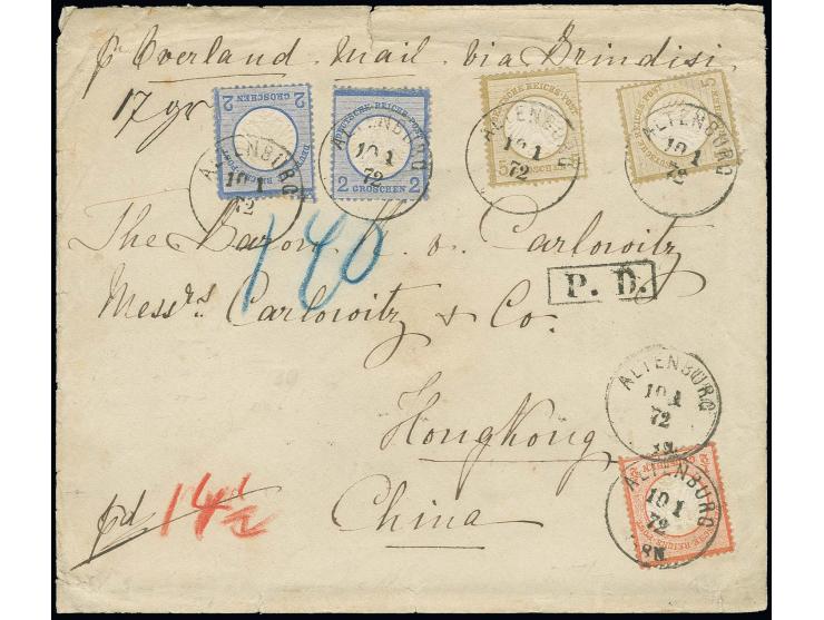 1872, Briefkuvert der 2. Gewichtsstufe frankiert mit Kleiner Schild ½ Gr. ziegelrot und je 2 Werten 2 Gr. blau und 5 Gr. ocke