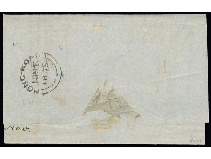 1855, kpl. Teilfranko-Brief mit vorderseitigem Absenderstempel von Manila sowie rotem "FORWARDED BY Wm. PUSTAU & Co. HONG KON