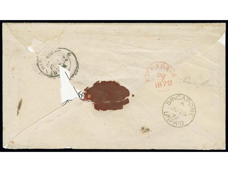 1872, Briefkuvert frankiert mit Kleiner Schild ¼ Gr., 2 Gr. (2) und 5 Gr. mit EKr. "ALTENBURG 28 5 72" nach Soerabaja auf Jav