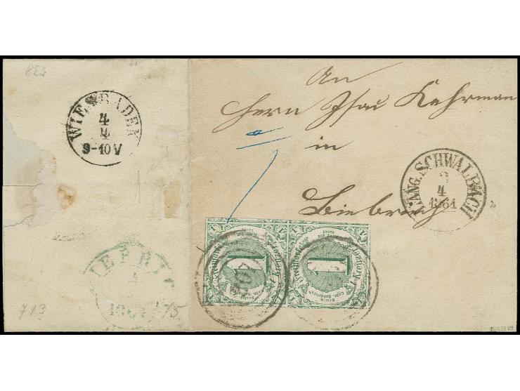 1859/61, 1 Kr. grün im senkrechten Paar, allseits überrandig mit Teilen aller 10 Nachbarmarken mit Nr. "207" auf kleiner Brie