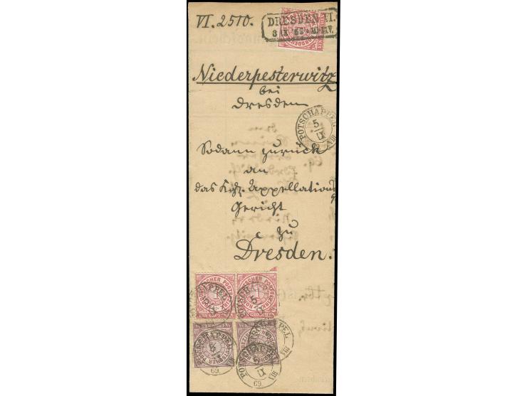 ¼ Gr. violett (2) und 1 Gr. karmin (3) auf Behändigungsschein von Dresden nach Pottschappel und vollzogen zurück, alle Marken