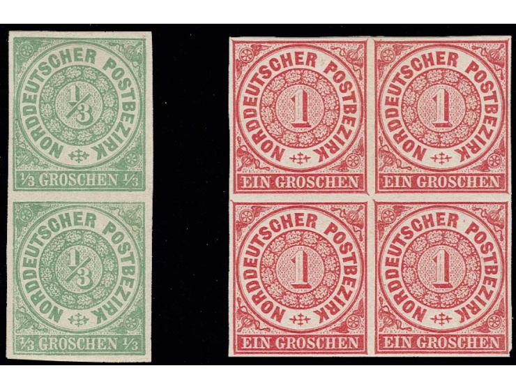 1/3 Gr. grün im senkrechten Paar und 1 Gr. karmin im 4er-Block, je voll- bis breitrandig undurchstochen, ungebraucht mit Orig