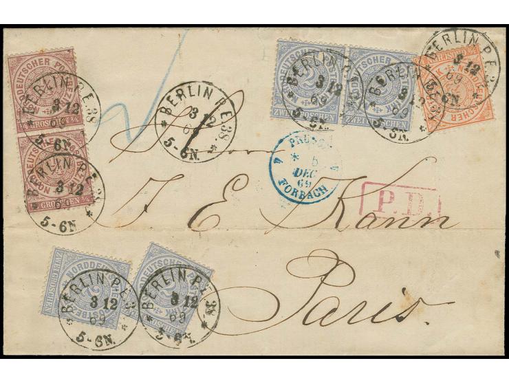 1869, gezähnte Ausgabe ¼ Gr. violett im senkrechten Paar mit ½ Gr. orange und waagerechtem Paar und 2 Einzelwerten 2 Gr. blau