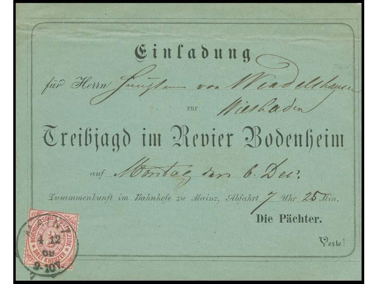 3 Kr. mit klarem EKr. "MAINZ 4 12 69" auf "Einladung ... zur Treibjagd im Revier Bodenheim" mit rückseitig gedruckter 'Ordnun