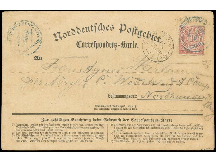 "1. BATAILLON DES K.PR. 3. THÜR. INFANT. REGT. N.71" auf 1 Gr. gezähnt auf Correspondenz-Karte mit beigesetztem "K. PR. FELDP