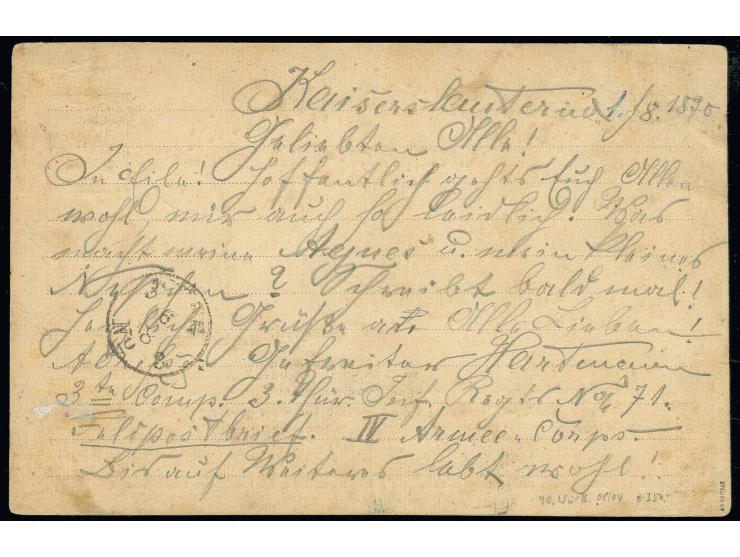 "1. BATAILLON DES K.PR. 3. THÜR. INFANT. REGT. N.71" auf 1 Gr. gezähnt auf Correspondenz-Karte mit beigesetztem "K. PR. FELDP