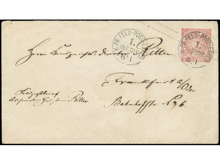 "K.PR. FELD-POST-EXPED. 1. INF. DIV. 6/1" auf Ganzsachenumschlag 1 Gr. als Offiziersbrief nach Frankfurt/Oder mit Ausgabestem