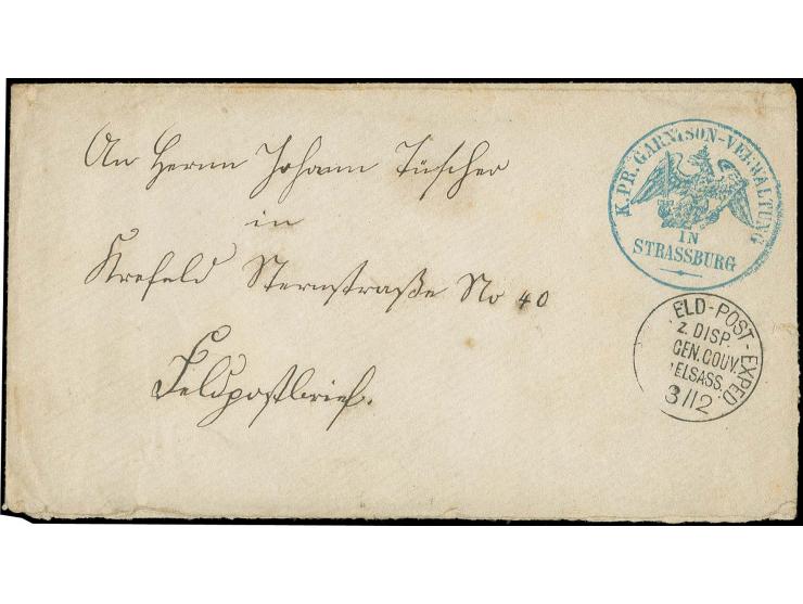 "K. PR. FELD-POST-EXPED. z DISP. D. GEN. GOUV. IM ELSASS 3/12", sehr sauber aber nicht ganz kpl. auf Feldpostbrief mit blauem