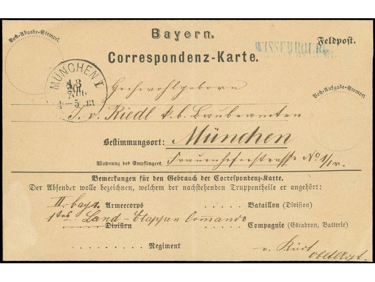 "WISSEMBOURG", L1 in blau sauber auf bayerischer Feldpost-Correspondenz-Karte aus "FENESTRANGE 15/8.70" nach München mit vord
