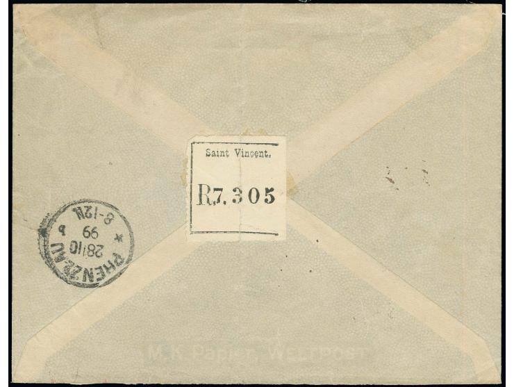 1899, 1/2 d. lilac and green, 3 d. on 1 d. lilac, 5 d. on 6 d. brown-carmine and 4 d. yellow tied by cds. "KINGSTOWN OC.9.99"