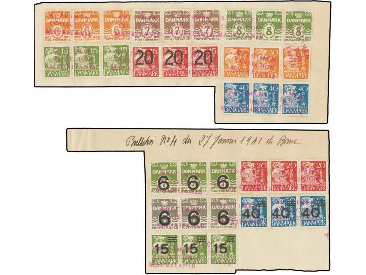 1940-41, low values new colours and surcharges 6-40 Ø, each as horizontal strip of 3, few toned perfs, otherwise fine