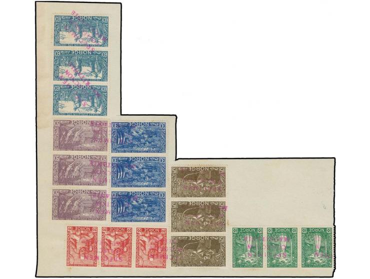 1941, Snorre's Sagas 10-60 Ø., each in strip of 3, slightly stained, otherwise fine