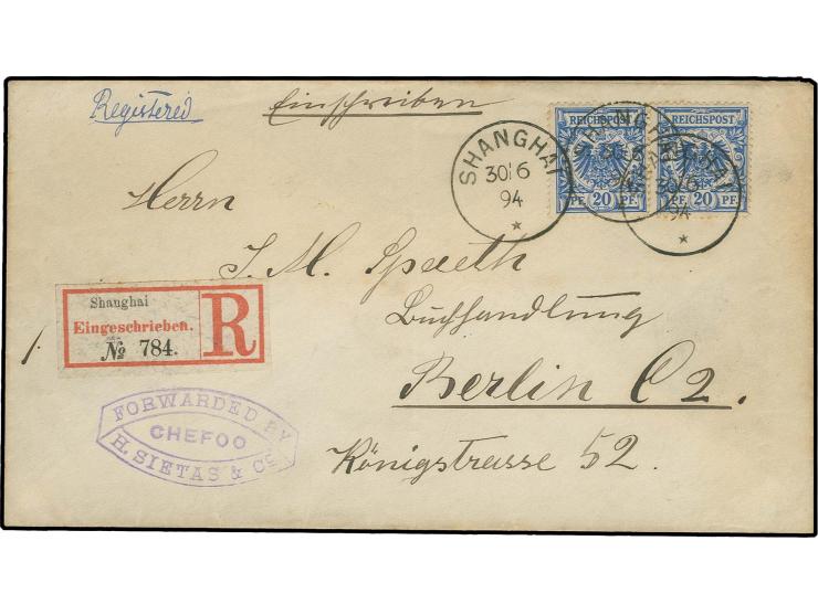 1894, Krone/Adler 20 Pfg. im waagerechten Paar als portogerechte Mehrfachfrankatur auf Einschreibe-Brief von "SHANGHAI 30.6."