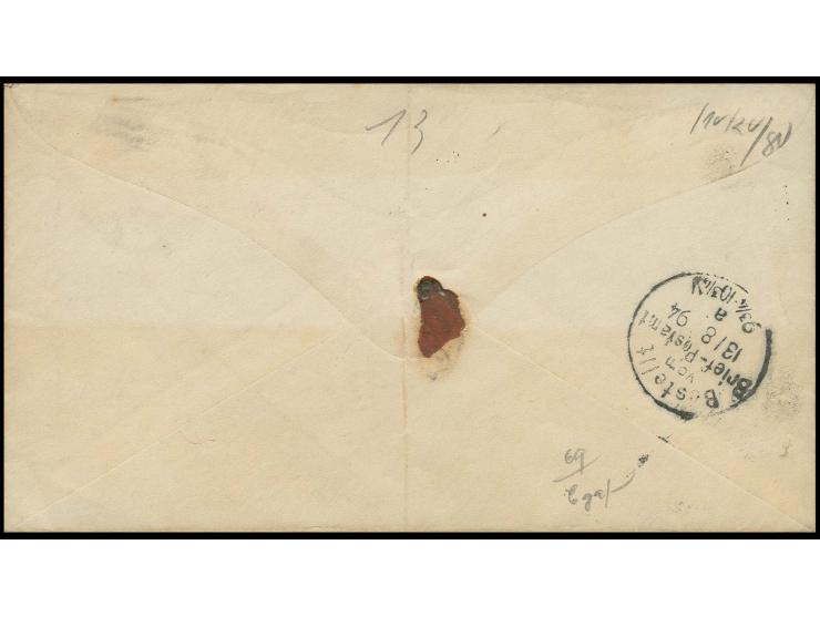 1894, Krone/Adler 20 Pfg. im waagerechten Paar als portogerechte Mehrfachfrankatur auf Einschreibe-Brief von "SHANGHAI 30.6."