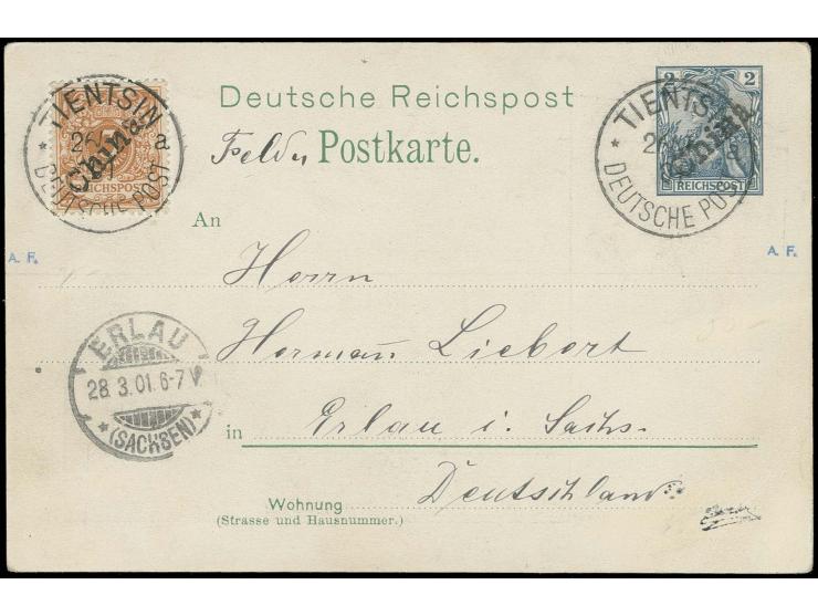 Amtlich nicht ausgegebene Werte: Krone/Adler 3 Pfg. rötlichocker auf Privatganzsachenkarte Germania Reichspost 2 Pfg. grau, b