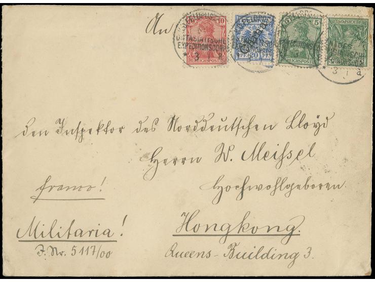 5 Pfg., zwei Einzelwerte und 10 Pfg. in Mischfrankatur mit Steilaufdruck 20 Pfg. mit Stempel "K.D. FELDPOSTSTATION DES OSTASI