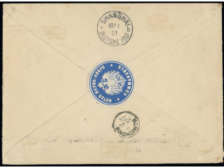 5 Pfg., zwei Einzelwerte und 10 Pfg. in Mischfrankatur mit Steilaufdruck 20 Pfg. mit Stempel "K.D. FELDPOSTSTATION DES OSTASI