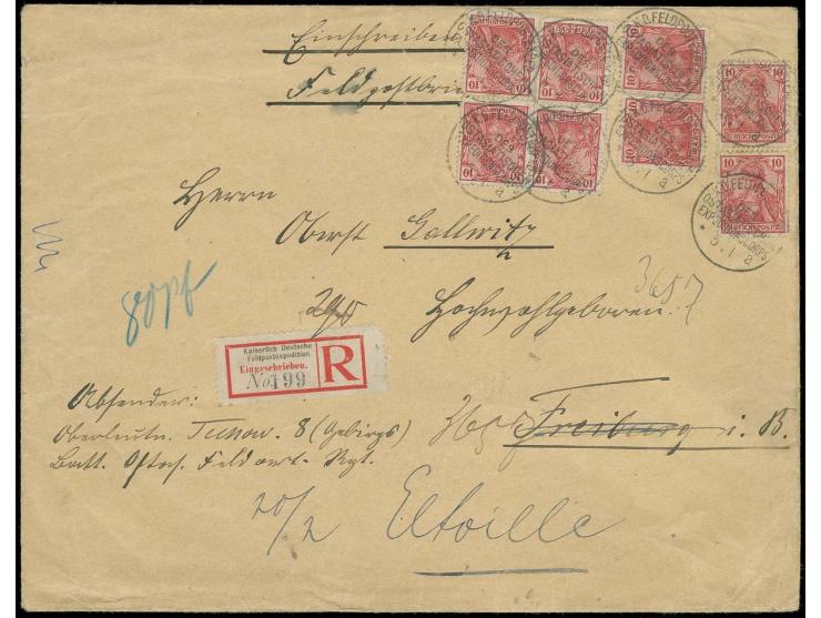 10 Pfg., 4 Einzelwerte und 2 senkrechte Paare mit Stempel "K.D. FELDPOSTEXPED. DES OSTASIATISCHEN EXPEDITIONSCORPS a 5 1" auf