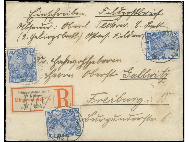 20 Pfg., 3 Einzelwerte, teils an den Rand geklebt, aber alle einwandfrei, mit jeweils sauber aufgesetztem "K.D. FELDPOSTSTATI