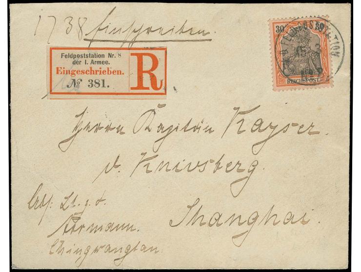 30 Pfg. mit sauberem EKr. "K.D. FELDPOSTSTATION No. 8 15/3" auf kleinem R-Brief mit Absenderangabe "Chingwangtau" nach Shangh