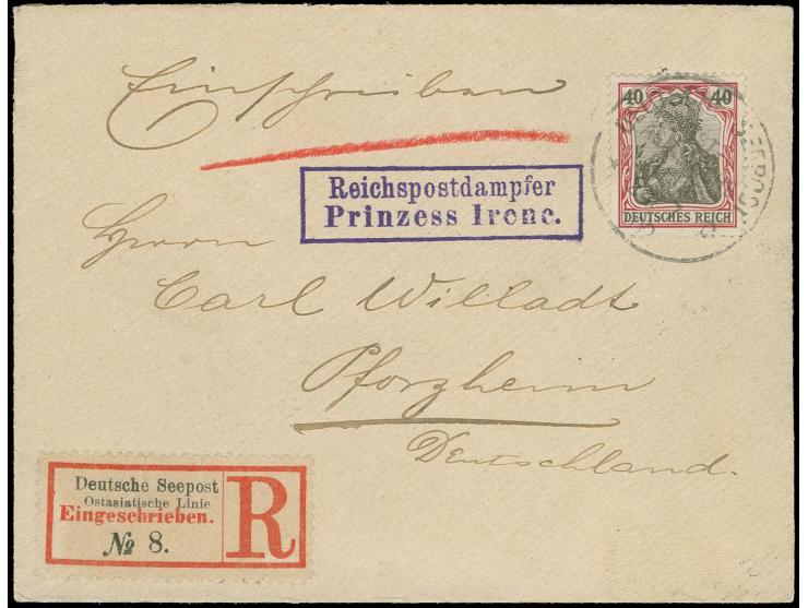 "Reichspostdampfer Prinzess Irene.", Ra2 sauber nebengesetzt auf kleinem R-Brief mit Germania 40 Pfg. mit Stempel DSP OST-ASI