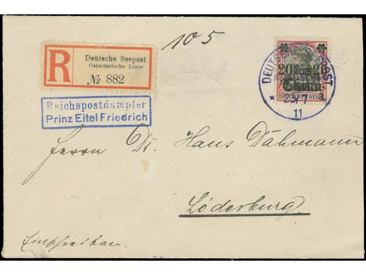 "Reichspostdampfer Prinz Eitel Friedrich", nebengesetzt auf R-Brief mit 1906/19 20 C. auf 40 Pfg. mit violettem "DSP OST-ASIA