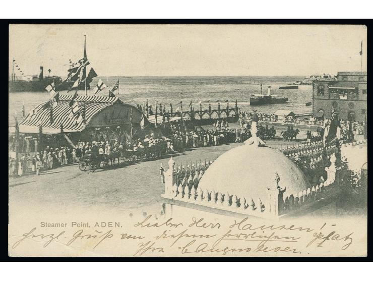 "Reichspostdampfer Prinz Heinrich", Ra2 als Aushilfsentwertung auf Germania 10 Pfg. auf Ansichtskarte von Aden nach Chefoo mi