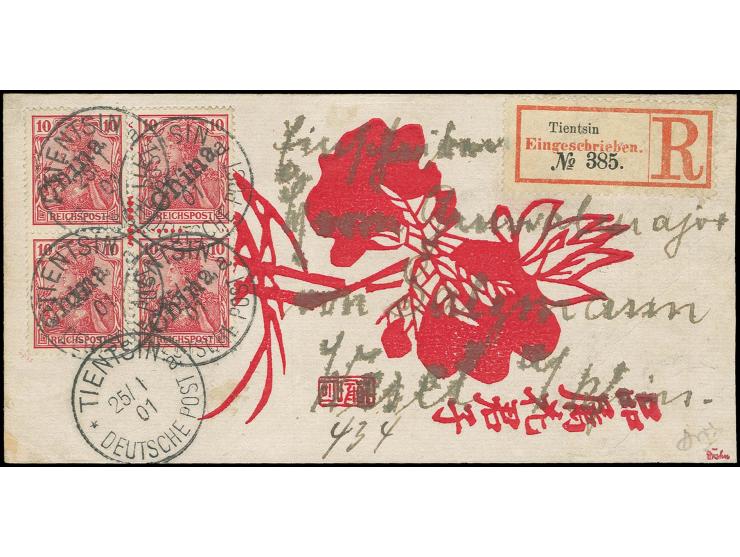 10 Pfg. rosa, 2 senkrechte Paare mit EKr. "TIENSTSIN DP *a 25.1.01" als Viererblock geklebt auf Einschreibe-Brief (Mandarin-F
