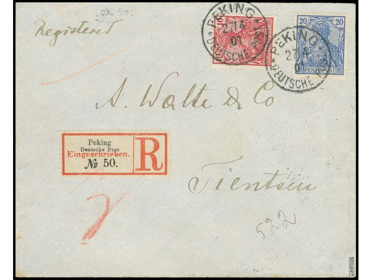 20 Pfg. mit 10 Pfg. mit Stempel "PEKING 27/4 01" portogerecht auf Bedarfs-R-Brief nach Tientsin mit Ankunftsstempel, sign. Ma