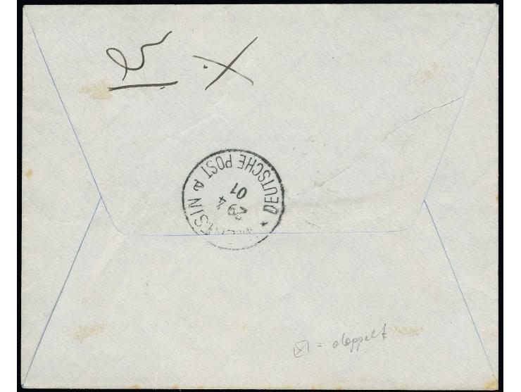 20 Pfg. mit 10 Pfg. mit Stempel "PEKING 27/4 01" portogerecht auf Bedarfs-R-Brief nach Tientsin mit Ankunftsstempel, sign. Ma