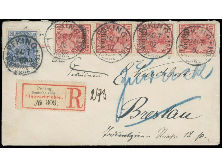 1902, 10 Pfg. (4) und 20 Pfg. auf R-Brief von "PEKING 24.7.02" nach Breslau. Der Brief wurde vermutlich zur Transsibirischen 