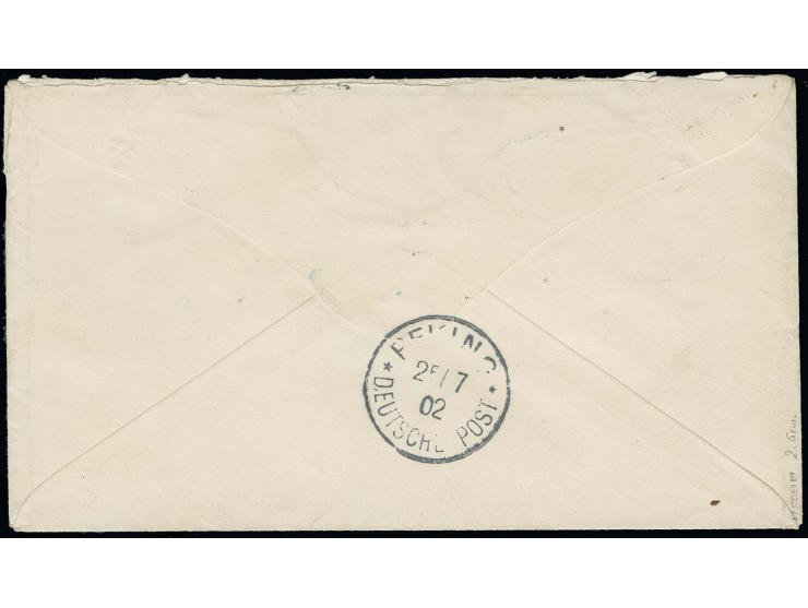 1902, 10 Pfg. (4) und 20 Pfg. auf R-Brief von "PEKING 24.7.02" nach Breslau. Der Brief wurde vermutlich zur Transsibirischen 