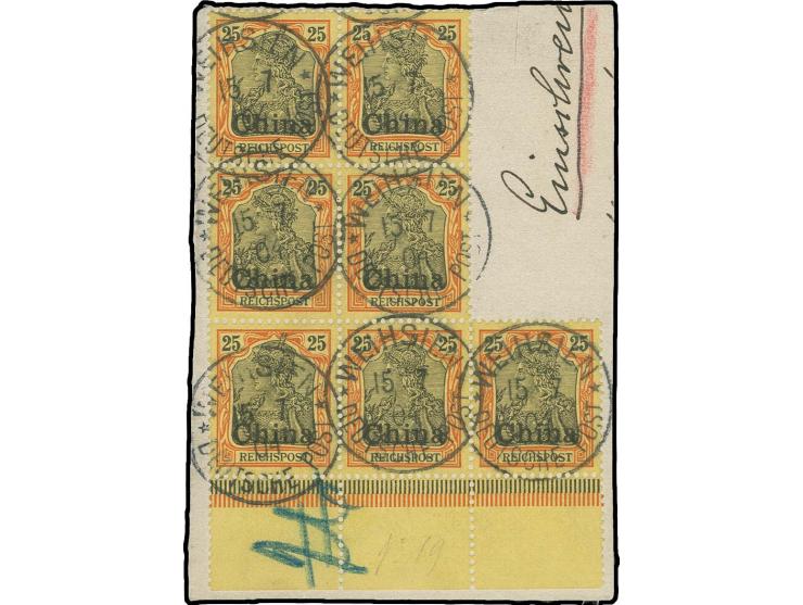 1901, 25 Pfg. Unterrand-7er-Block mit klarem EKr. "WEIHSIEN 15 7 04" auf Briefstück, Pracht