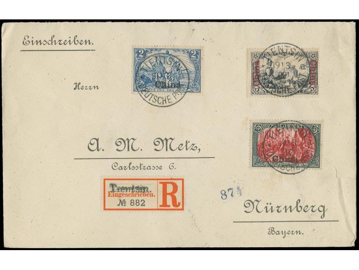 2 M.-5 M. mit jeweils zentrischem "TIENTSIN a 19/3 00" auf philatelistischem R-Brief nach Nürnberg mit Ankunftsstempel; Umsch