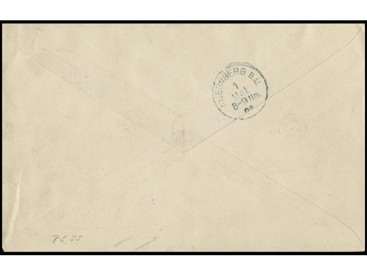 2 M.-5 M. mit jeweils zentrischem "TIENTSIN a 19/3 00" auf philatelistischem R-Brief nach Nürnberg mit Ankunftsstempel; Umsch