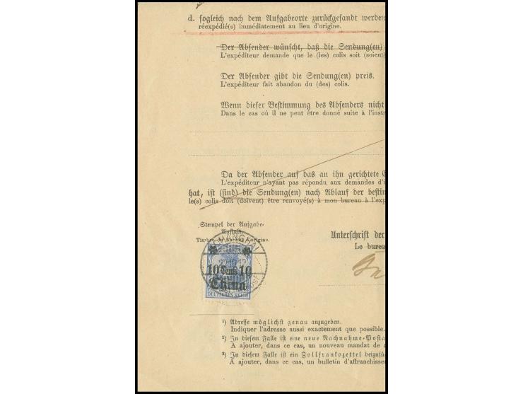 10 C. auf 20 Pfg. mit Stempel "SCHANGHAI 22.10.12" auf "Meldung wegen unbestellbarer Pakete"; die Marke leichter Stempeldurch