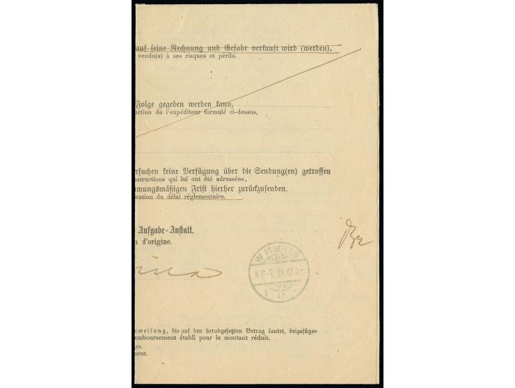 10 C. auf 20 Pfg. mit Stempel "SCHANGHAI 22.10.12" auf "Meldung wegen unbestellbarer Pakete"; die Marke leichter Stempeldurch