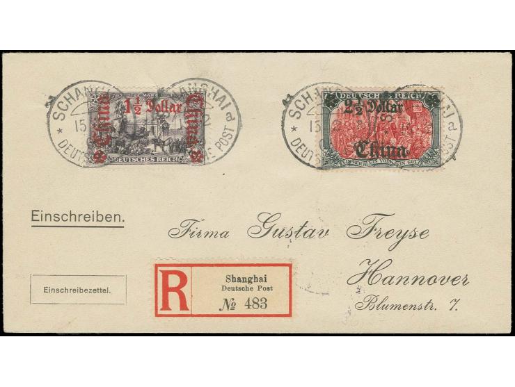 1½ $ gezähnt 25:16 und 2½ $ mit sauberen Stempeln "SCHANGHAI a 15/2 06" auf Freyse-R-Brief mit Ankunftsstempel