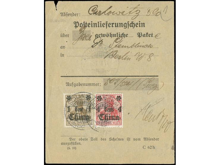 1906/19, Ausgabe mit Wz. 1 C. auf 3 Pfg. und 4 C. auf 10 Pfg. mit Stempel "SCHANGHAI 17.10.12" auf Posteinlieferungsschein fü